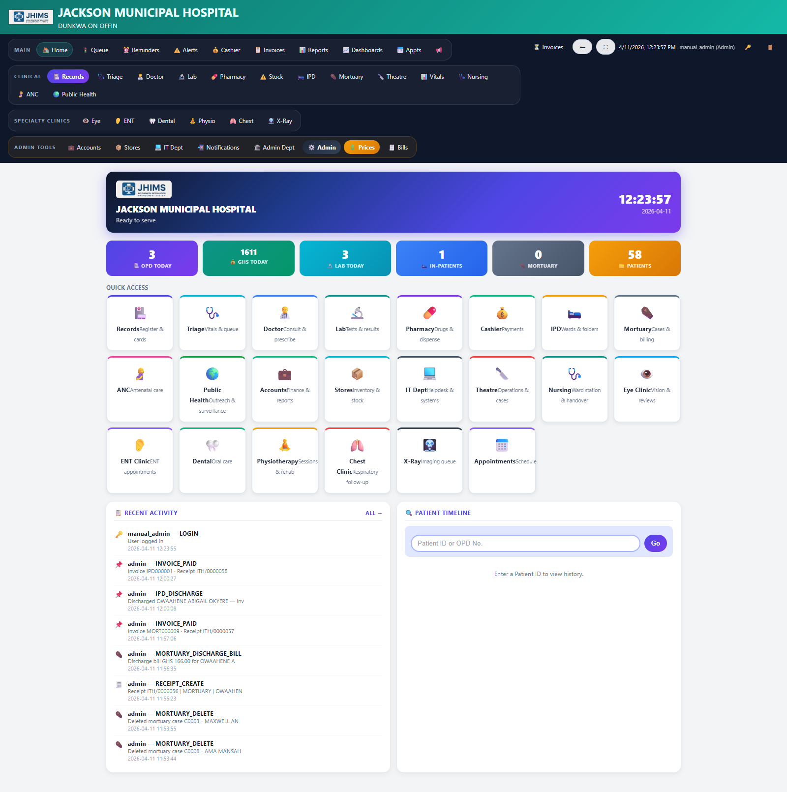 JHIMS admin dashboard